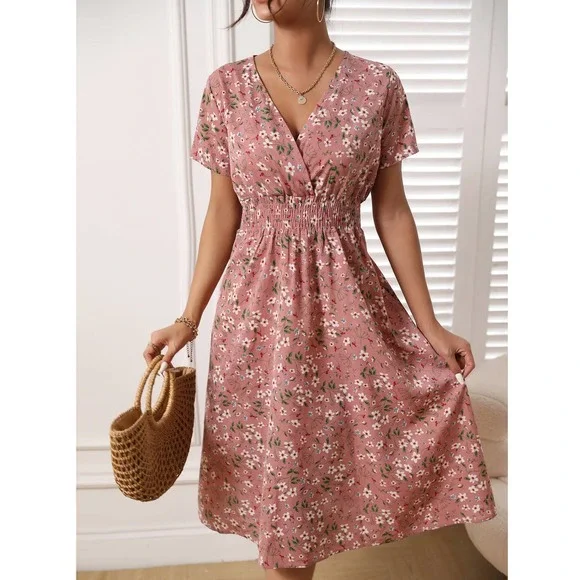 boho yellow Floral Shirred Wrap midi Dress - Picture 2 of 10